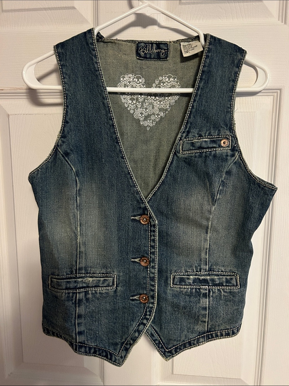 Billabong Women's Denim Vest - Distressed Blue Wash with Heart Detail